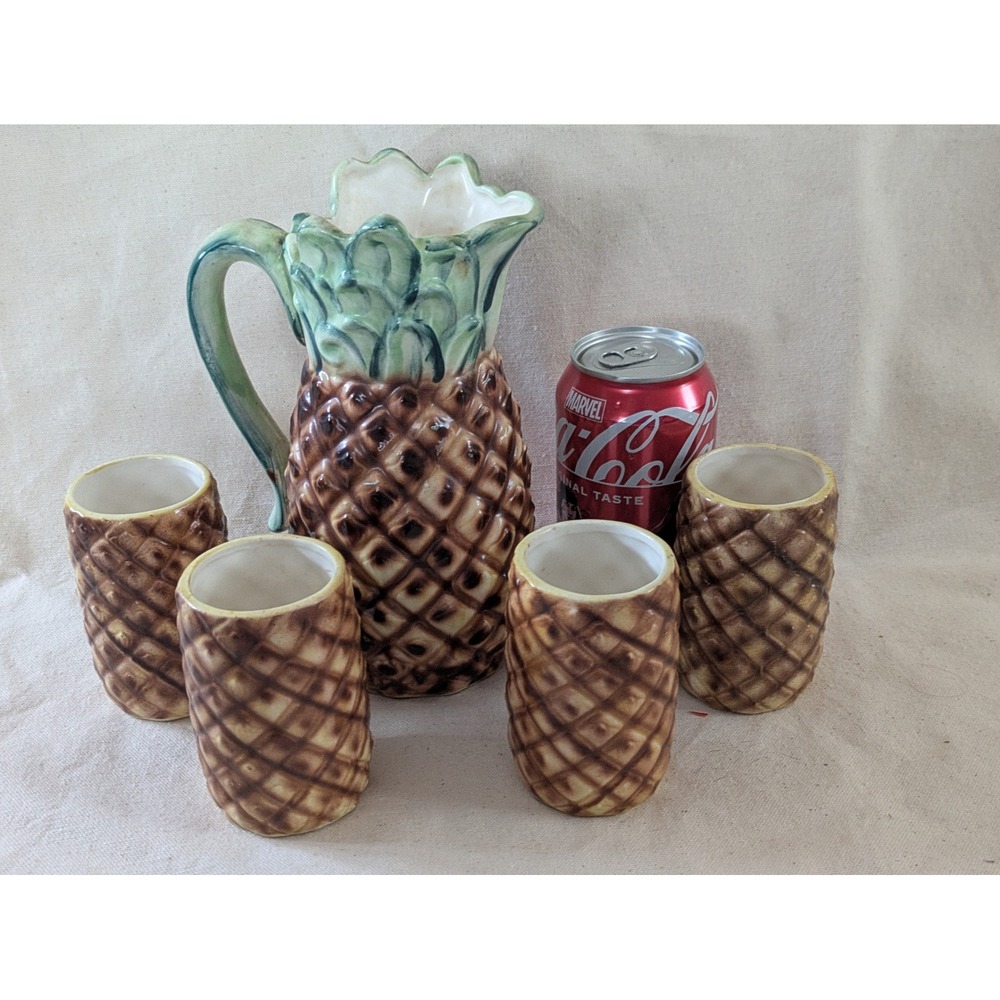 Pineapple Pitcher 4 Tumblers Juice Set Majolica Tropical Drinkware Ceramic